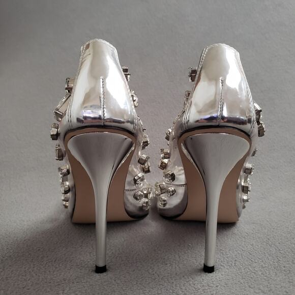 Good American Diamonds Forever Heel in Glass Size 5.5 GAME-WZ4 Silver Crystals - Picture 9 of 16